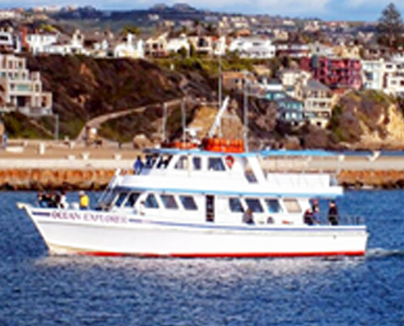 One of the ships in the Newport Landing whale watching fleet travels along the coast of Newport Beach.